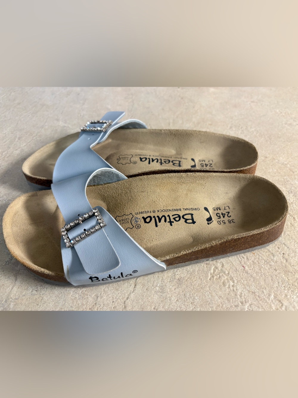 Betula Light Blue Slide Sandals with Rhinestone Buckle